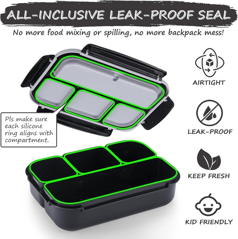 QQKO Bento Box for Kids Adults, School Toddler Lunch Box for Boys Girls, Lunch Box Containers with 4 Compartments, Sauce Container, Utensils, Food Picks and Muffin Cups for School, Black Gray - Image 5